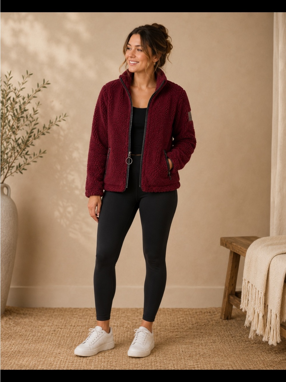 ivory ella Women's Plush Zip Teddy Jacket - Burgundy